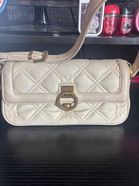 Metrocity Quilted Cream Shoulder Bag with Gold Ring Accent
